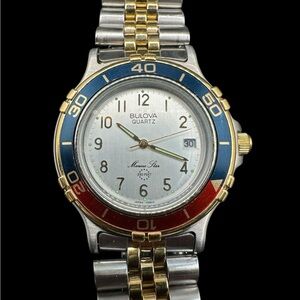 Bulova Marine Star Two-Tone Blue & Red Bezel Men's Watch. New old stock